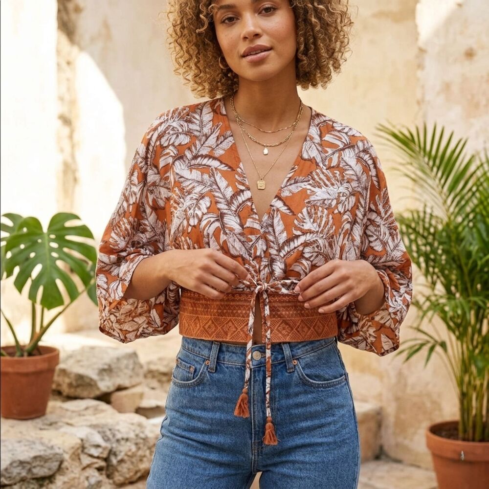 Timing Lace Tie Front Blouse Womens XL Orange Tropical Leafs Boho